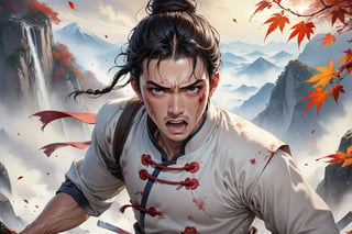 masterpiece, ultra detail, intricate, (solo, 1male:1.5), 25 years old, detailed character design, manly, bushy eyebrows, wide eyes, wide jaw, (black hair, a single hair bun), tall and lean, (Han Chinese clothing, brown). A masterpiece of agony: Brutally assaulted by his opponent's countless stabs. Ultra-detailed intricate wounds cover his body, clothes shredded by razor-sharp knives, face contorted in pain as he stands unsteadily, teetering on the brink of collapse. Mountain, mists, autumn leaves fluttering around