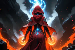 masterpiece, beautiful and aesthetic, ultra detail, intricate, 1female, 40 years old, detailed character design, sorceress, mysterious, bangle, short stature, red cloak, (hood up:1.5), (Taoist robe, pants, orange), (back view:1.5), dynamic pose, her hands crackling with arcane energy, standing on lava, smokey, mysterious colorful, magic effect, in heavenly palace