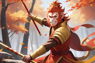 masterpiece, beautiful and aesthetic, ultra detail, intricate, 1male, solo, Monkey King, (monkey features:1.5), detailed character design, (mischievous grin), red hafu, golden armor, (wields a golden long stick), dynamic pose, Chinese martial arts animation, outdoors, autumn leaves fluttering around, woods