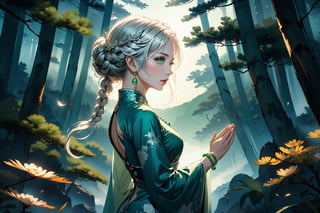 masterpiece, beautiful and aesthetic, ultra detail, intricate, 1female, a celestial ethereal ghostly Fairy, 50 years old, solo, detailed character design, grace, gentle nature, feminine soft face, light green eyes, (long hair, Braided updo, silver hair), hair ornament, tall, slender body frame, collarbone, bead_bracelet, (cheongsam, long, green), (holding a bead_necklace), (from side:1.5), dynamic pose, (a single hand in prayer pose), standing atop hill, Chinese martial arts animation style, pine woods in the background, Inspired by Chinese mythology story