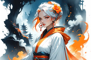 masterpiece, beautiful and aesthetic, ultra detail, intricate, 1female, 40 years old, detailed character design, sorceress, mysterious, a red mole on forehead, orange eyes, hoop earrings, (medium hair, updo, Split-color Hair, white Hair, Orange Hair), hair flower, bangle, short stature, tan skin, hooded cloak, (Taoist long robe, orange), cane, full body, dynamic pose, her hands crackling with arcane energy, standing on lava, smokey, mysterious colorful, magic effect, Sketch art, cross-hatching, colored pencil painting, limited palette, in heavenly palace