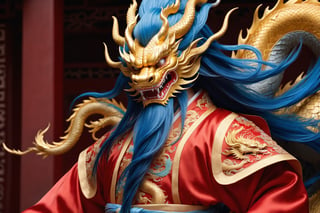 masterpiece, beautiful and aesthetic, ultra detail, intricate, [1man:Chinese dragon head:5], 55 years old, detailed character design, domineering, (messy blue hair, red mane), (fatty:1.5), golden dragon robe, upper body, dynamic pose, Inspired by Chinese mythology story, dragon palace