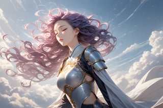 masterpiece, beautiful and aesthetic, ultra detail, intricate, In Chinese mythology, solo, 1girl, a heavenly guardian, closed eyes, (lapse into unconsciousness), pink lips, pretty, long curly hair, purple hair, tall and thin, (Han Chinese Clothing, armor), (far away shot), weak pose, falling down, in the sky, clouds