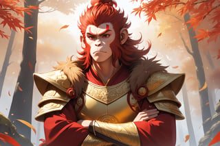 masterpiece, beautiful and aesthetic, ultra detail, intricate, 1male, solo, Monkey King, (monkey features:1.5), detailed character design, (serious expression:1.2), red hafu, golden armor, (crossed arms:1.5), outdoors, autumn leaves fluttering around, woods