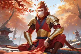 masterpiece, beautiful and aesthetic, ultra detail, intricate, 1male, solo, Monkey King, (monkey features:1.5), detailed character design, (have a drowsy look:1.5), red hafu, golden armor, outdoors, autumn leaves fluttering around, woods