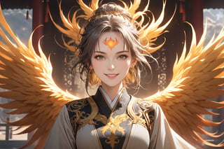 masterpiece, beautiful and aesthetic, ultra detail, intricate, 1female, solo, 50 years old, detailed character design, manly, (a phoenix tattoo on forehead:1.5), smile sweetly, golden eyes, crescent earrings, (short and messy hair, gradient hair, multicolored hair), (short stature, golden feather wings), (Hanfu, feather), embodying the spirit of the wild, (upper body:1.5), (straight on:1.5), dynamic pose, a phoenix in the background, magic effect, dreamlike, in Chinese temple