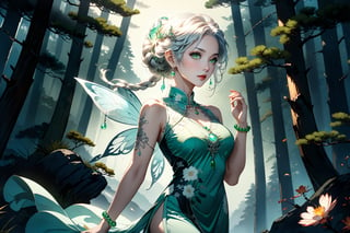 masterpiece, beautiful and aesthetic, ultra detail, intricate, 1female, a celestial ethereal ghostly Fairy, 50 years old, solo, detailed character design, grace, gentle nature, feminine soft face, light green eyes, (long hair, Braided updo, silver hair), hair ornament, tall, slender body frame, collarbone, bead_bracelet, (cheongsam, long, green), (holding a bead_necklace), (full body :1.5), dynamic pose, (a single hand in prayer pose), standing atop hill, Chinese martial arts animation style, pine woods in the background, Inspired by Chinese mythology story