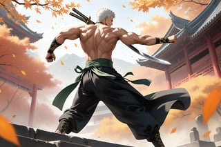 masterpiece, beautiful and aesthetic, ultra detail, intricate, 1male, solo, representation of the legendary martial artist, Roronoa Zoro features, detailed character design, serious expression, (white hair), exquisite body, strong abdominal muscles, (golden armlet:1.2), (black half gloves), black martial arts belt, (black Hanfu, sleeveless), black lace-up ankle brace, (he wields a single golden broadsword, unique and finely detailed), (from behind:1.5), dynamic pose, he stands tall and resolute, exuding an air of strength and unwavering determination. Chinese martial arts animation style, autumn leaves fluttering around, Inspired by Chinese mythology story