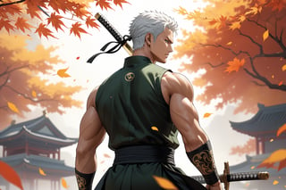 masterpiece, beautiful and aesthetic, ultra detail, intricate, 1male, solo, representation of the legendary martial artist, Roronoa Zoro features, detailed character design, serious expression, (white hair), exquisite body, strong abdominal muscles, (golden armlet:1.2), (black half gloves), black martial arts belt, (black Hanfu, sleeveless), black lace-up ankle brace, (he wields a single golden broadsword, unique and finely detailed), (back view:1.5), dynamic pose, he stands tall and resolute, exuding an air of strength and unwavering determination. Chinese martial arts animation style, autumn leaves fluttering around, Inspired by Chinese mythology story