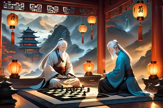 Two elderly sages, wisps of silver hair wisping beneath traditional hats, sit cross-legged on intricately woven silk rugs amidst ancient China's misty mountains. The soft glow of lanterns casts a warm ambiance as they concentrate on the game of Go, their eyes gleaming with intense focus. The chessboard, adorned with delicate carvings, serves as a canvas for their strategic battle.