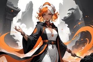 masterpiece, beautiful and aesthetic, ultra detail, intricate, 1female, 40 years old, detailed character design, sorceress, mysterious, a red mole on forehead, orange eyes, hoop earrings, (medium hair, updo, Split-color Hair, white Hair, Orange Hair), hair flower, bangle, short stature, tan skin, hooded cloak, (Taoist long robe, orange), cane, full body, dynamic pose, her hands crackling with arcane energy, standing on lava, smokey, mysterious colorful, magic effect, Sketch art, cross-hatching, colored pencil painting, limited palette, in heavenly palace