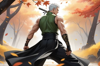 masterpiece, beautiful and aesthetic, ultra detail, intricate, 1male, solo, representation of the legendary martial artist, Roronoa Zoro features, detailed character design, serious expression, (white hair), exquisite body, strong abdominal muscles, (golden armlet:1.2), (black half gloves), black martial arts belt, (black Hanfu, sleeveless), black lace-up ankle brace, (he wields a single golden broadsword, unique and finely detailed), (from behind:1.5), dynamic pose, he stands tall and resolute, exuding an air of strength and unwavering determination. Chinese martial arts animation style, autumn leaves fluttering around, Inspired by Chinese mythology story