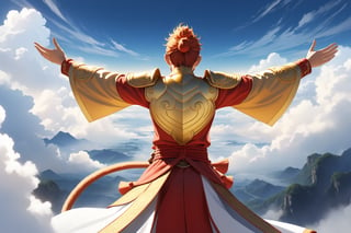 masterpiece, beautiful and aesthetic, ultra detail, intricate, 1male, solo, Monkey King, (monkey features:1.5), detailed character design, red hafu, golden armor, (far away shot:1.5), (back view:1.5), dynamic pose, (spread arms:1.5), (standing on clouds:1.5), sky, clouds 