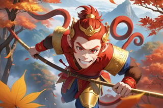 masterpiece, beautiful and aesthetic, ultra detail, intricate, 1male, solo, Monkey King, (monkey features:1.5), detailed character design, (mischievous grin), red hafu, golden armor, (wields a golden long stick), (from above:1.2), dynamic pose, Chinese martial arts animation, outdoors, autumn leaves fluttering around, woods