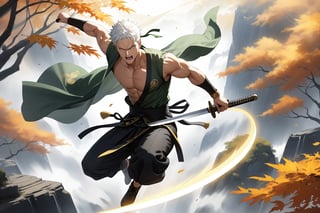 masterpiece, beautiful and aesthetic, ultra detail, intricate, 1male, solo, Roronoa Zoro features, detailed character design, fierce expression, open mouth, yelling, (white hair), exquisite body, strong abdominal muscles, (golden armlet:1.2 ), (black half gloves), black martial arts belt, (black Hanfu, sleeveless), black lace-up ankle brace, (he holds the golden sword high in both hand:2), (leaping in the air:2), (from above:1.5), dynamic pose, dramatic arc of light and shadow, Chinese martial arts animation style, peak, white smokes, mists. forests, mists, autumn leaves fluttering around