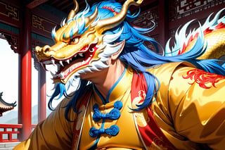 masterpiece, beautiful and aesthetic, ultra detail, intricate, [1man:Chinese dragon head:5], 55 years old, detailed character design, domineering, (messy blue hair, red mane), (fatty:1.5), golden dragon robe, upper body, dynamic pose, Inspired by Chinese mythology story, dragon palace