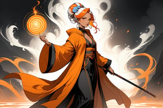 masterpiece, beautiful and aesthetic, ultra detail, intricate, 1female, 40 years old, detailed character design, sorceress, mysterious, a red mole on forehead, orange eyes, hoop earrings, (medium hair, updo, Split-color Hair, white Hair, Orange Hair), hair flower, bangle, short stature, tan skin, hooded cloak, (Taoist long robe, orange), cane, full body, dynamic pose, her hands crackling with arcane energy, standing on lava, smokey, mysterious colorful, magic effect, Sketch art, cross-hatching, colored pencil painting, limited palette, in heavenly palace