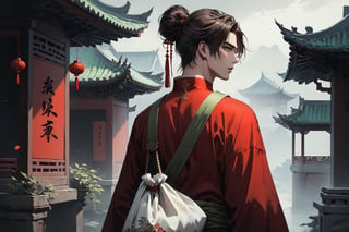 Dark Moody Atmosphere, {prompt}, dramatic, mysterious, dark moody atmosphere, masterpiece, beautiful and aesthetic, ultra detail, intricate, 1male, solo, 23 years old, detailed character design, delicate face, light green eyes, brown long hair, a bun, red hanfu, (back view:1.5), dynamic pose, (carry a cloth bag on back:1.5), in the ancient China field