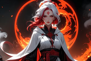 masterpiece, beautiful and aesthetic, ultra detail, intricate, 1female, 40 years old, detailed character design, sorceress, mysterious, (a red mole on forehead:1.2), red eyes, hoop earrings, (medium hair, traditional Chinese updo, Split-color Hair, white Hair, red Hair), hair flower, bangle, short stature, hooded cloak, (Taoist robe, pants, orange), cane, (face close-up:1.5), dynamic pose, her hands crackling with arcane energy, standing on lava, smokey, mysterious colorful, magic effect, in heavenly palace