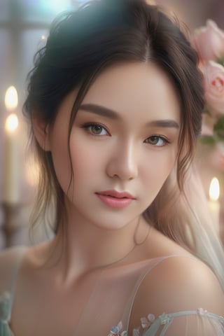 1girl, Beautiful woman in a very romantic environment, soft lighting, dreamy atmosphere, ethereal, high detail, portrait, elegant, delicate features, romantic setting, pastel colors, emotional expression, masterpiece, 4k resolution, Extremely high-resolution details, photographic, realism pushed to extreme, fine texture, incredibly lifelike,