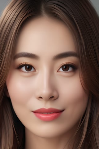 Beautiful woman, high detail, portrait, elegant, delicate features, emotional expression, masterpiece, 8k resolution, Extremely high-resolution details, realism pushed to extreme, fine texture, incredibly lifelike, looking at viewer, solo focus, realistic, photorealistic, ultra realistic photograph, Exquisite details and textures, grainy, face details, real face, smile,1girl, brown hair,