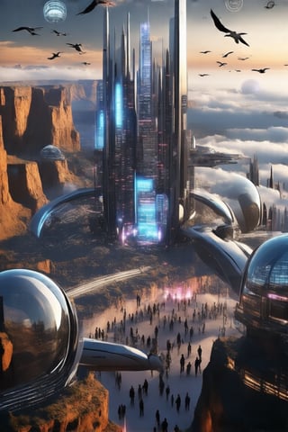 A gleaming silver flying ship with gull-wing doors open, revealing a radiant interior, soars effortlessly through the futuristic city's skyline. Fog-shrouded streets below, illuminated by moody tones, reflect off its metallic hull. In the distance, towering ant-like structures rise from the Grand Canyon floor, their glass domes and communications spires piercing the sky.

Neon lights dance across buildings as pedestrians hurry to and fro amidst towering skyscrapers. A majestic office building rises from the city's heart, its sleek design a testament to urban evolution. As night falls, the city transforms into a vibrant tapestry of lights and sounds.,futureurbannight,futureurbanday,Newcolony