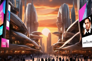 A mesmerizing dusk scene unfolds in the futuristic metropolis of Newcolony: towering skyscrapers stretch towards the horizon as the setting sun casts a warm golden glow on their glassy exteriors. Vibrant hues of orange and pink dance across the sky. Neon lights flicker to life along the pavement, casting an otherworldly sheen amidst slender poles supporting holographic ads that pulse with energy. Diverse faces blend into a vibrant tapestry as crowds gather, surrounded by stacked structures that symbolize human innovation and progress.,futureurbannight,futureurbanday