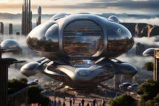 A sleek, silver flying ship soars through the futuristic city's skyline, its gull-wing doors open to reveal a gleaming interior. Glass bubble capsules dot the urban landscape, each one a self-contained residence. In the distance, towering ant-like structures rise from the Grand Canyon floor, their glass domes and communications spires piercing the sky.

The ship glides effortlessly, its metallic hull reflecting the moody tones of the city's fog-shrouded streets. Military planes, emblazoned with futuristic designs, take off from a sprawling steel and glass factory perched in the clouds. Amidst the towering skyscrapers, a cyberpunk cityscape comes alive at night: neon lights dance across buildings, while pedestrians hurry to and fro.

The scene is set against a blurred background of cityscapes, vehicles, and trees, with more details revealed upon closer inspection. A majestic office building rises from the heart of the city, its vertical lines and sleek design a testament to the future's urban evolution. As night falls, the city transforms into a vibrant tapestry of lights and sounds, a new colony born from the ashes of yesterday.,futureurbannight,futureurbanday,Newcolony