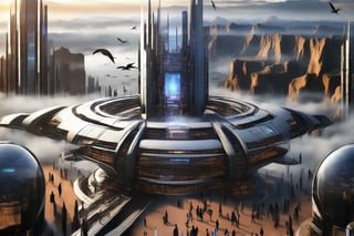 A gleaming silver flying ship with gull-wing doors open, revealing a radiant interior, soars effortlessly through the futuristic city's skyline. Fog-shrouded streets below, illuminated by moody tones, reflect off its metallic hull. In the distance, towering ant-like structures rise from the Grand Canyon floor, their glass domes and communications spires piercing the sky.

Neon lights dance across buildings as pedestrians hurry to and fro amidst towering skyscrapers. A majestic office building rises from the city's heart, its sleek design a testament to urban evolution. As night falls, the city transforms into a vibrant tapestry of lights and sounds.,futureurbannight,futureurbanday,Newcolony