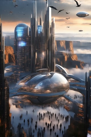 A gleaming silver flying ship with gull-wing doors open, revealing a radiant interior, soars effortlessly through the futuristic city's skyline. Fog-shrouded streets below, illuminated by moody tones, reflect off its metallic hull. In the distance, towering ant-like structures rise from the Grand Canyon floor, their glass domes and communications spires piercing the sky.

Neon lights dance across buildings as pedestrians hurry to and fro amidst towering skyscrapers. A majestic office building rises from the city's heart, its sleek design a testament to urban evolution. As night falls, the city transforms into a vibrant tapestry of lights and sounds.,futureurbannight,futureurbanday,Newcolony