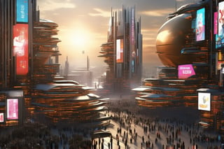 Futuristic Metropolis at Dusk: A sweeping cityscape unfolds as setting sun casts golden glow on towering skyscrapers, reflecting vibrant hues of orange and pink. Neon lights dance across pavement amidst slender poles supporting holographic ads. Crowds gather, diverse faces woven into pulsing energy, surrounded by Newcolony's stacked structures, symbolizing human innovation.,Horizontal,Stacked,futureurbannight,futureurbanday