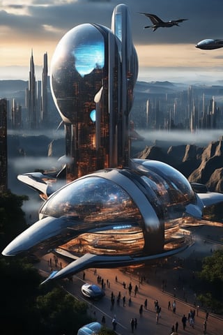 A sleek, silver flying ship soars through the futuristic city's skyline, its gull-wing doors open to reveal a gleaming interior. Glass bubble capsules dot the urban landscape, each one a self-contained residence. In the distance, towering ant-like structures rise from the Grand Canyon floor, their glass domes and communications spires piercing the sky.

The ship glides effortlessly, its metallic hull reflecting the moody tones of the city's fog-shrouded streets. Military planes, emblazoned with futuristic designs, take off from a sprawling steel and glass factory perched in the clouds. Amidst the towering skyscrapers, a cyberpunk cityscape comes alive at night: neon lights dance across buildings, while pedestrians hurry to and fro.

The scene is set against a blurred background of cityscapes, vehicles, and trees, with more details revealed upon closer inspection. A majestic office building rises from the heart of the city, its vertical lines and sleek design a testament to the future's urban evolution. As night falls, the city transforms into a vibrant tapestry of lights and sounds, a new colony born from the ashes of yesterday.,futureurbannight,futureurbanday,Newcolony