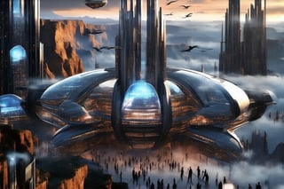 A gleaming silver flying ship with gull-wing doors open, revealing a radiant interior, soars effortlessly through the futuristic city's skyline. Fog-shrouded streets below, illuminated by moody tones, reflect off its metallic hull. In the distance, towering ant-like structures rise from the Grand Canyon floor, their glass domes and communications spires piercing the sky.

Neon lights dance across buildings as pedestrians hurry to and fro amidst towering skyscrapers. A majestic office building rises from the city's heart, its sleek design a testament to urban evolution. As night falls, the city transforms into a vibrant tapestry of lights and sounds.,futureurbannight,futureurbanday,Newcolony