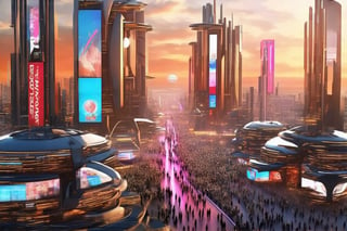 Futuristic Metropolis at Dusk: A sweeping cityscape unfolds as setting sun casts golden glow on towering skyscrapers, reflecting vibrant hues of orange and pink. Neon lights dance across pavement amidst slender poles supporting holographic ads. Crowds gather, diverse faces woven into pulsing energy, surrounded by Newcolony's stacked structures, symbolizing human innovation.,Horizontal,Stacked,futureurbannight,futureurbanday