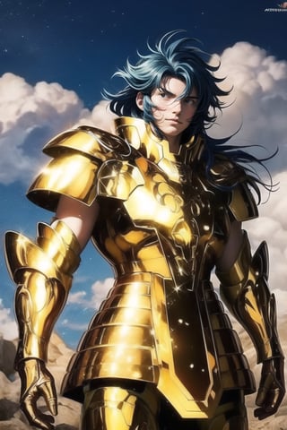 (Extremely detailed CG uniform 8k wallpaper, masterpiece, best quality, super detailed), a male anime character wearing golden armor, in a picture showing his outfit, 1boy, golden armor, male focus, handsome face , dark blue wavy hair, armor, solo, zoom layer, Gemini armor cloud, trending on Artstation, fantasy00d, Saga