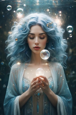 A serene and ethereal female figure with flowing blue hair that merges with the surrounding environment. She has closed her eyes and holds a delicate glowing object near her heart. The background is filled with bubbles, some of which are translucent and others shiny, giving an impression of underwater depth. The color palette is dominated by soft blues, whites, and hints of gold, creating a dreamy and magical atmosphere.burlesque,shabby chic,,fine art,epic,Boho gypsy, marquise,duchesse,dark fantasy,