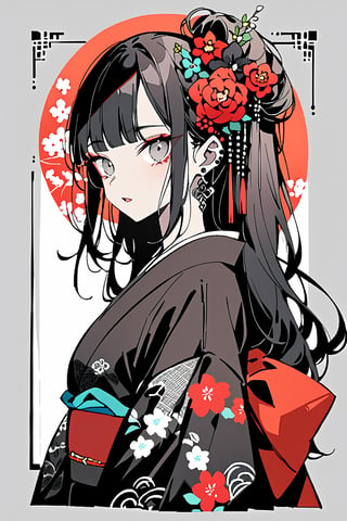 Masterpiece, best quality, beautiful sensation,
one girl, solo, long hair, staring at viewer, bangs, black hair, hair ornament, jewelry, upper body, flowers, earrings, open lips, kimono, hair flower, blunt bangs, kimono, from the side, gray eyes, makeup, piercing, floral print, red flowers, ear piercing, pale skin, lace, black kimono, black flowers,flat style