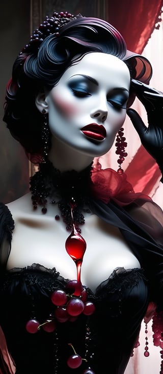 a stylish glass of red wine stylized as a delicate goth woman bust made of grapes and despair, burlesque,shabby chic,,fine art,epic,Boho gypsy, marquise,duchesse,tears dropping in the glass, style of Luis Royo
 dvr-cl-dvsn