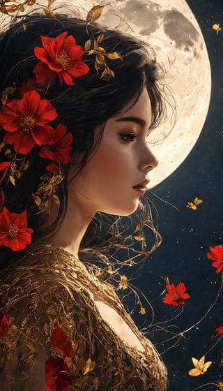 (1girl, Golden petals and red flowers form intricate patterns against the backdrop of the moon, reminiscent of the styles of Yoann Lossel, Cyril Rolando, Nan Goldin, Lee Bontecou, and Loish), Detailed texture, High quality, High resolution, High precision, Realism, Color correction, Proper lighting settings, Harmonious composition, Behance Works,detail-rendering,Watercolor