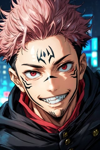 (masterpiece), best quality, expressive eyes, perfect face, looking at viewer, front view, close-up on face, 1male, SUKUNA, smile, red eyes, pink hair, TATTOO_ON_HIS_FACE, school uniform, black jacket, red hood, street, city, night, itadori yuji