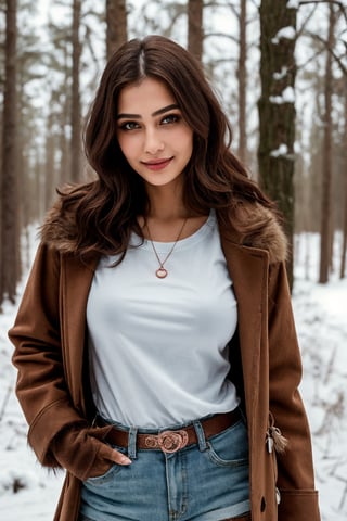 A 23-year-old indian beauty. (Best quality, 8k, 32k, Masterpiece, Photorealistic, UHD:1.2),lifelike rendering, The image features a young woman exuding elegance and glamour in a dark. She is dressed in a sleek and sexy copper t-shirt and shorts or upper long winter coat, with long gloves adding a touch of sophistication. Her confident pose and sultry expression convey a sense of strength and allure. With her striking features and stylish outfit, she embodies a sense of beauty and grace, making her a captivating model in the world of fashion and music, (skinny, petite body, narrow hips, big boobs),pov_eye_contact,stand in snow mid at forest, jaw-dropping beauty, redaint smile, detailed background, glowing copper gold
,Detailedface