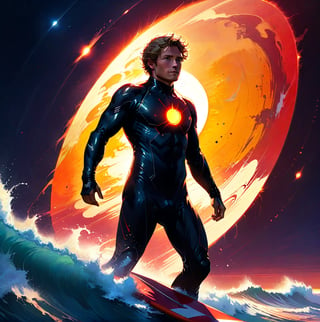 A surfer rides the plasma of the Sun's surface. The surfer, in a sleek high-tech heat-resistant suit, stands on a high-tech. The massive red sun fills most of the view, its surface roiling with sunspots and flares. In the distance, a futuristic space station observes the daring feat. Spectacular cosmic vista, dynamic pose, interplay of light and shadow on the surfer's suit, dynamic composition, 3 Dimensional, real life, high_resolution, dynamic lighting, MasterF, perfect face, dramatic watercolor, nodf_xl, more detail XL, Dark_Mediaval,