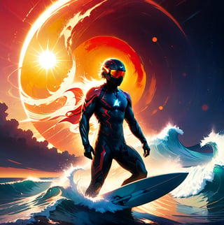 A surfer rides the plasma of the Sun's surface. The surfer, in a sleek high-tech heat-resistant suit, stands on a high-tech. The massive red sun fills most of the view, its surface roiling with sunspots and flares. In the distance, a futuristic space station observes the daring feat. Spectacular cosmic vista, dynamic pose, interplay of light and shadow on the surfer's suit, dynamic composition, 3 Dimensional, real life, high_resolution, dynamic lighting, MasterF, perfect face, dramatic watercolor, nodf_xl, more detail XL, Dark_Mediaval,