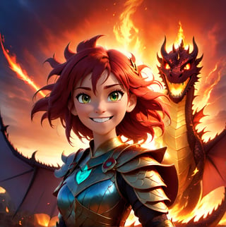 A battle-scarred warrior princess grins fiercely at the viewer, her eyes glowing with magical energy. Behind her, out of focus, a dragon's silhouette roars against a fiery sky., 3D, real life, high_resolution, dynamic lighting, MasterF, perfect face, 