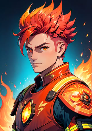 A man with rich terra-cotta skin and eyes that glow like embers. His hair is styled in a fade, short on the sides with longer flame-like spikes on top in shades of red and orange. He wears a firefighter's uniform reimagined as high-tech armor, with heat-resistant panels and built-in water cannons on the forearms.