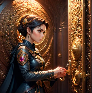 A master thief picks a lock on an ornate vault door, her face in profile showing intense concentration. The viewer peers past his at the glittering treasures barely visible through the opening door, 3D, real life, high resolution, dynamic lighting, MasterF, perfect face, 