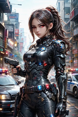 High quality, masterpiece, eyesgod, perfect light, dual pistols, Lady police, 1girl, sole female, shiny long brown hair in a pony tail, red_eyes , police cars behind her in the background, ,more detail XL, full_body