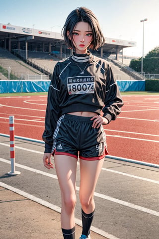 High quality, masterpiece, 1girl, sole_female,  brigth_red_eyes, eyesgod, short black hair military style, viking, long-neck sports sweatshirt, sports shorts, long socks, sports shoes, standing on a school race track, tonned legs