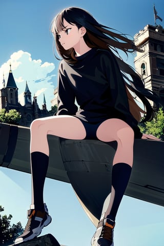 (masterpiece, best quality, high resolution: 1.3), ultra resolution image, (1child), (only), dark futuristic armor, long hair, semi-long hair, black eyes, dark gray sweatshirt, fierce, smug, confident, fantasy , ready to fight, landscape, heroic conquest, majestic, ancient, r1ge, magic kingdom, mythical, infinite sky, grave sword, cold hearted brown eyes