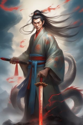 Mysterious Immortal Cultivator, from ancient China, displaying the power of a divine dragon behind him, fluttering his hair, standing on the head of a divine dragon, holding a bright red sword in his hand, with a chilling gaze